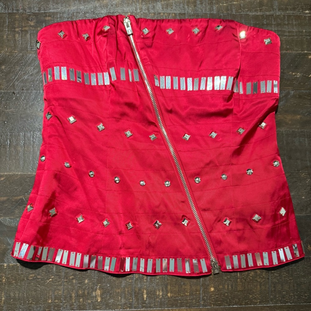 BeBe Red Satin Silver Bead Studded Corset Bustier Top M Sexy Date Girls Night